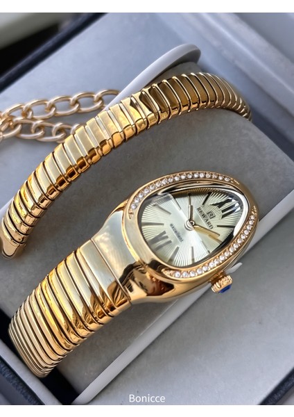 Kalından Inceye Doğru Taşlı Yılan Saat Tek Tur,kibar Kasa (24 Çap),3 Atm Gold Çelik Kordon