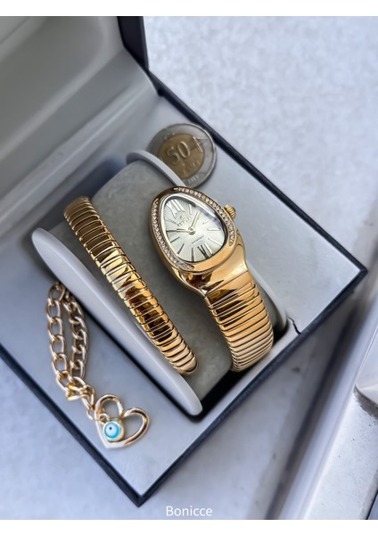 Kalından Inceye Doğru Taşlı Yılan Saat Tek Tur,kibar Kasa (24 Çap),3 Atm Gold Çelik Kordon fırsatları