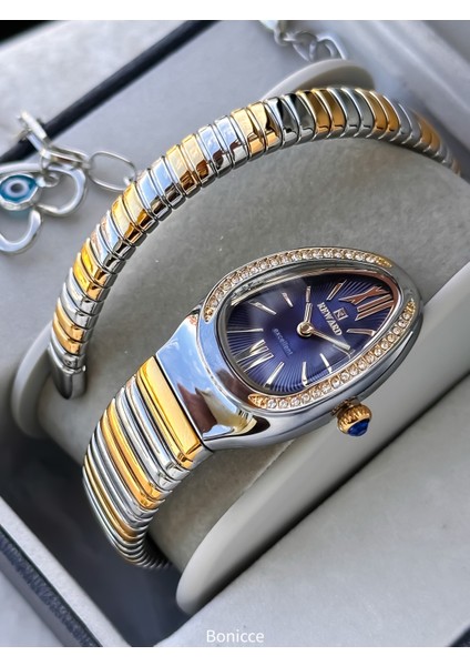 Kalından Inceye Doğru Taşlı Yılan Saat Tek Tur,kibar Kasa (24 Çap),3 Atm Lacivert Çelik Kordon