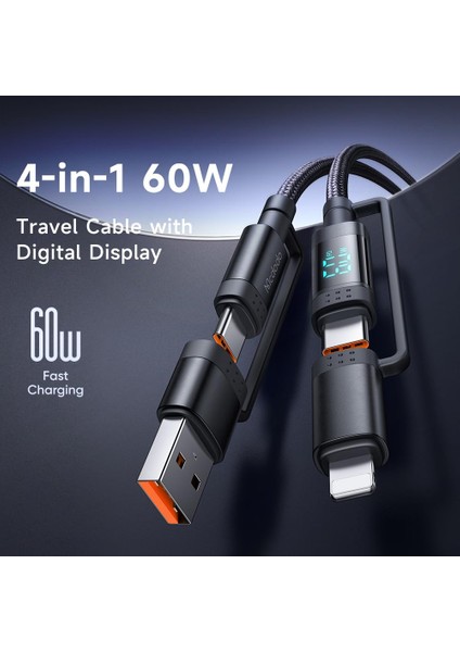 CA-1990 4’ü 1 Arada Şarj Kablosu (Type-C/Type-A → Type-C/lightning) 60W Pd, Watt Ekranlı, 1.2 M indirimleri