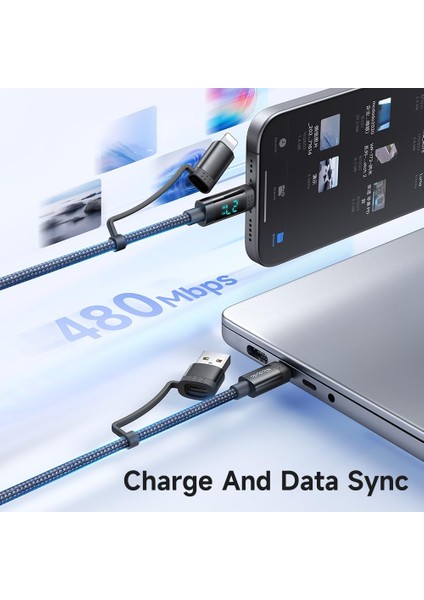 CA-1990 4’ü 1 Arada Şarj Kablosu (Type-C/Type-A → Type-C/lightning) 60W Pd, Watt Ekranlı, 1.2 M