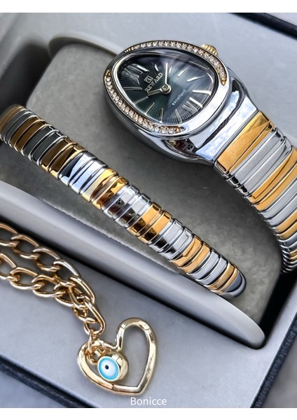 Kalından Inceye Doğru Taşlı Yılan Saat Tek Tur,kibar Kasa (24 Çap),3 Atm Yeşil Çelik Kordon,bileklik fiyatları