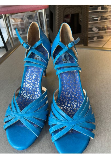 Mavi 7 Bantlı Latin, Salsa, Bacata, Tango, Dans ve Salon Ayakkabı 7 cm 11 Pont Kadeh Topuk