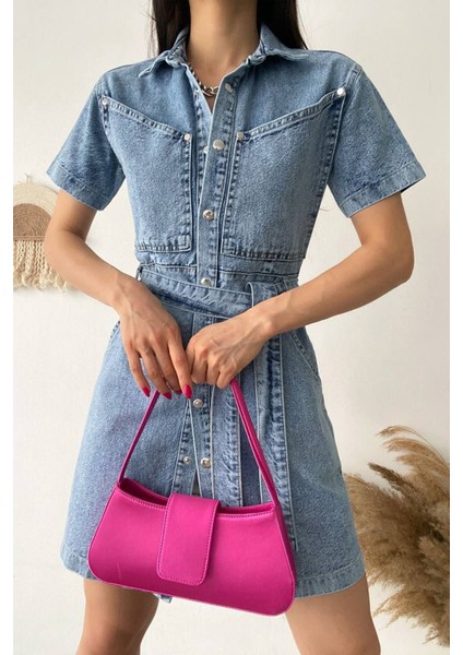 Kadın Kemerli Düğmeli Denim Elbise – Şehirli & Vücuda Oturan Stil modelleri