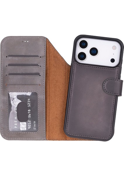 Bloomcase Magic Wallet Ash Gray Apple iPhone 17 Pro (6.3") Hakiki Deri Çıkarılabilir Cüzdanlı Telefon Kılıfı