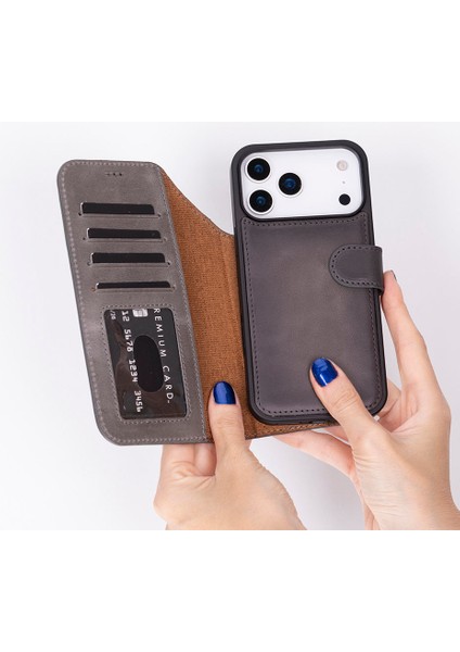 Bloomcase Magic Wallet Ash Gray Apple iPhone 17 Pro (6.3") Hakiki Deri Çıkarılabilir Cüzdanlı Telefon Kılıfı fiyatları