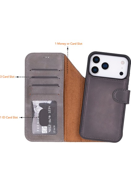 Bloomcase Magic Wallet Ash Gray Apple iPhone 17 Pro (6.3") Hakiki Deri Çıkarılabilir Cüzdanlı Telefon Kılıfı modelleri