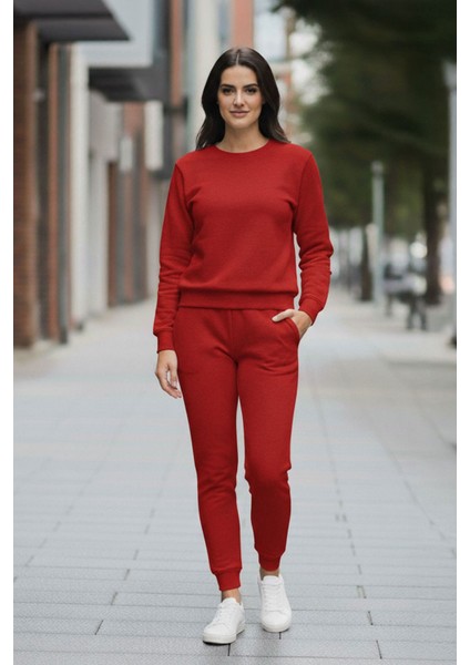 Kadın Oversize Baskısız Bisiklet Kırmızı Yaka Sweatshirt ve Jogger Eşofman Takımı