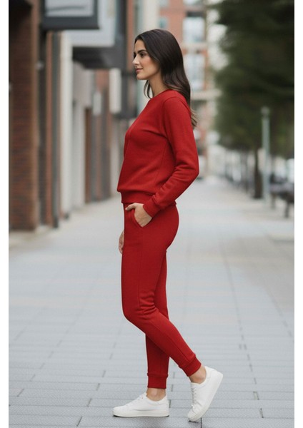 Kadın Oversize Baskısız Bisiklet Kırmızı Yaka Sweatshirt ve Jogger Eşofman Takımı fiyatları