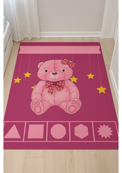 Efta Halı Pembe Ayıcık Desenli Çocuk Halısı - Ince Yapı, Yıkanabilir, Dijital Baskı