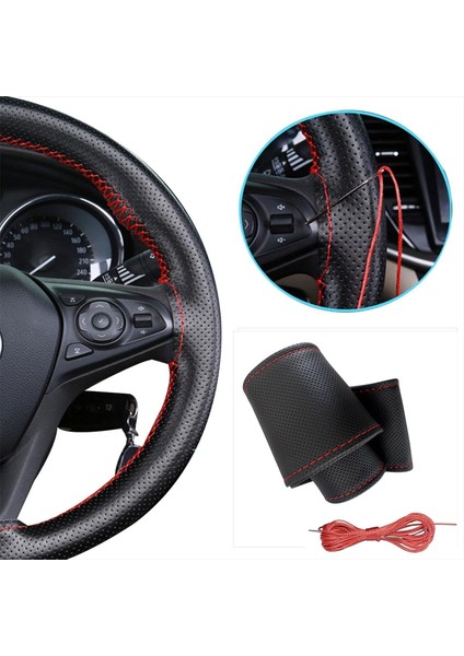 Tüm Araç ve Modellere Uyumlu Deri Direksiyon Kılıfı Kaymaz, Dikmeli Kırmızı Spor Dikişli