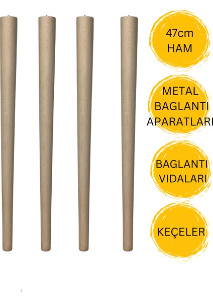 47 cm Ham Ahşap Sehpa Ayağı 4 Adet Ayak | Mobilya Ayağı + Metal Bağlantı Aparatları