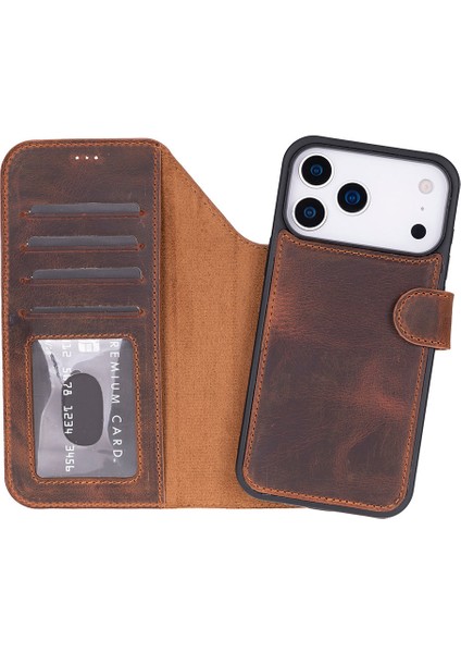 Bloomcase Magic Wallet Saddle Brown Apple iPhone 17 Pro (6.3") Hakiki Deri Çıkarılabilir Cüzdanlı Telefon Kılıfı