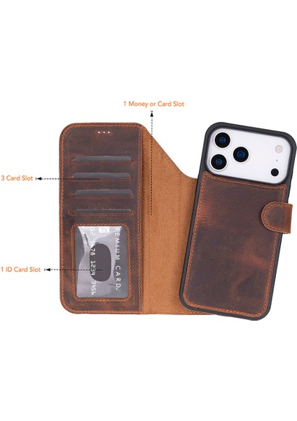 Bloomcase Magic Wallet Saddle Brown Apple iPhone 17 Pro (6.3") Hakiki Deri Çıkarılabilir Cüzdanlı Telefon Kılıfı modelleri