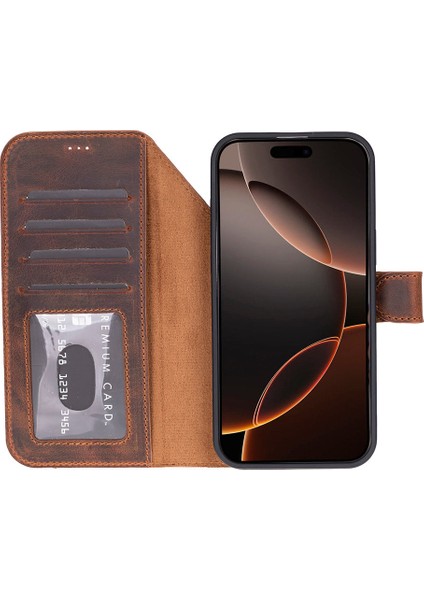 Bloomcase Magic Wallet Saddle Brown Apple iPhone 17 Pro (6.3") Hakiki Deri Çıkarılabilir Cüzdanlı Telefon Kılıfı indirimleri