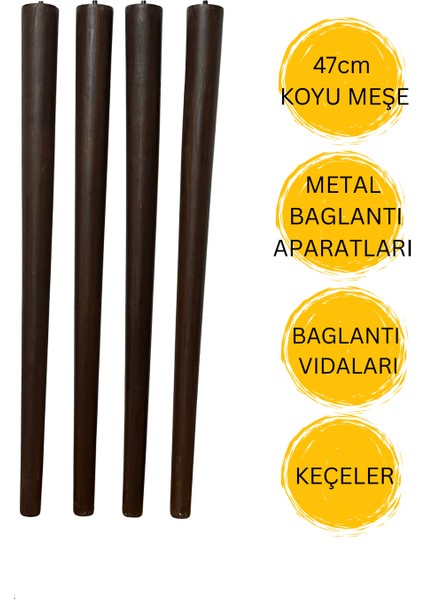 4hamadex 47 cm Koyu Meşe Ahşap Sehpa Ayağı 4 Adet Ayak| Mobilya Ayağı + Metal Bağlantı Aparatları