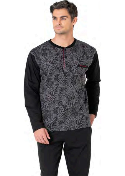 6111 Erkek Siyah Uzun Kollu Yakası Düğmeli Pijama Takım