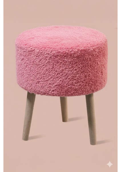3 Ayaklı Mini Puf - Pembe Teddy Peluş Kumaşlı Mini Tabure
