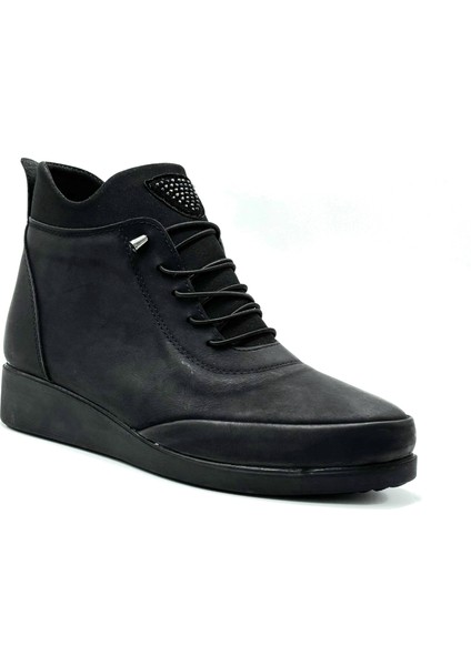 (Oc Shoes) Termo Kaymaz Taban Fermuarlı Kadın Kısa Bot Siyaha Siyah