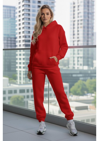 Kadın Oversize Baskısız Kapüşonlu Kırmızı Sweatshirt ve Jogger Eşofman Takımı