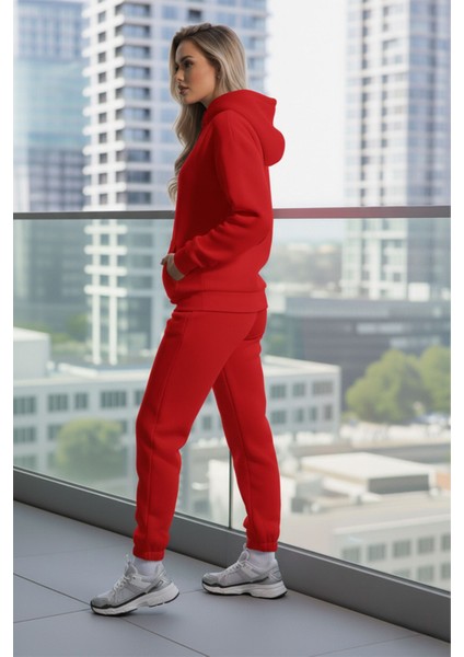 Kadın Oversize Baskısız Kapüşonlu Kırmızı Sweatshirt ve Jogger Eşofman Takımı fiyatları