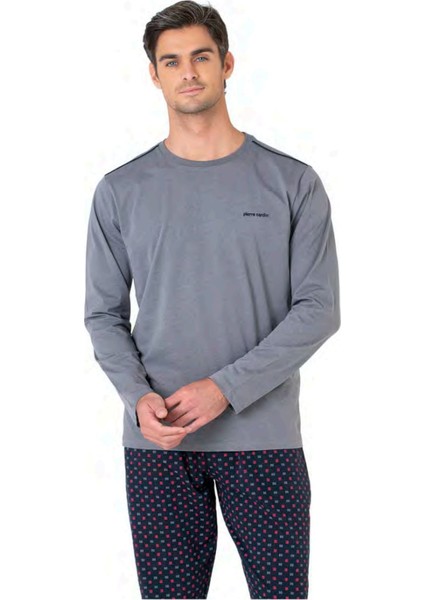 6099 Erkek Gri Uzun Kollu Bisiklet Yaka Pijama Takımı