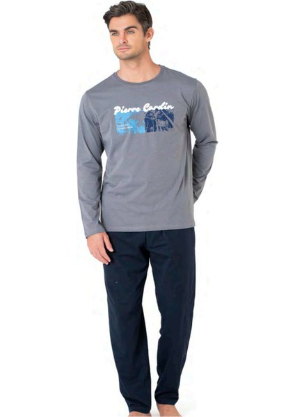 6096 Erkek Gri Uzun Kollu Bisiklet Yaka Pijama Takımı