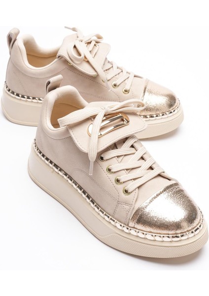 Kadın Nubuk Sneaker Spor Ayakkabı Gold Detaylı Bej Glorina