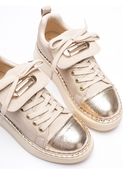Kadın Nubuk Sneaker Spor Ayakkabı Gold Detaylı Bej Glorina fırsatları