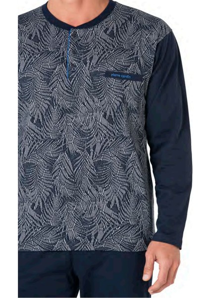 6111 Erkek Lacivert Uzun Kollu Yakası Düğmeli Pijama Takım