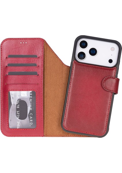 Bloomcase Magic Wallet Crimson Red Apple iPhone 17 Pro (6.3") Hakiki Deri Çıkarılabilir Cüzdanlı Telefon Kılıfı