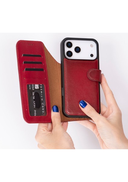 Bloomcase Magic Wallet Crimson Red Apple iPhone 17 Pro (6.3") Hakiki Deri Çıkarılabilir Cüzdanlı Telefon Kılıfı fiyatları