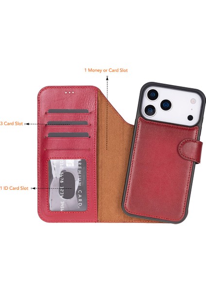 Bloomcase Magic Wallet Crimson Red Apple iPhone 17 Pro (6.3") Hakiki Deri Çıkarılabilir Cüzdanlı Telefon Kılıfı modelleri