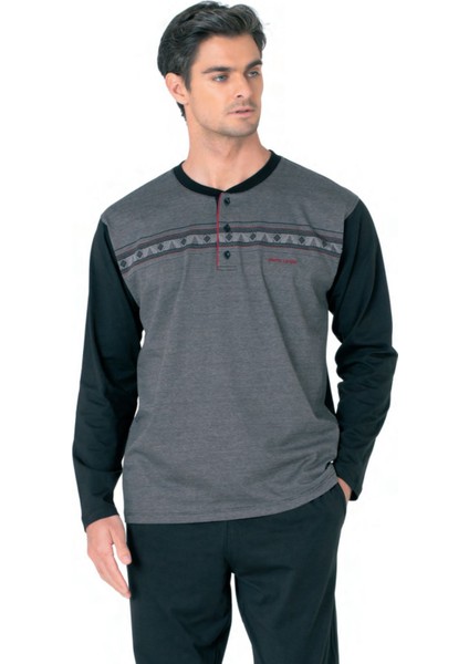 6109 Erkek Siyah Uzun Kollu Yakası Düğmeli Pijama Takım