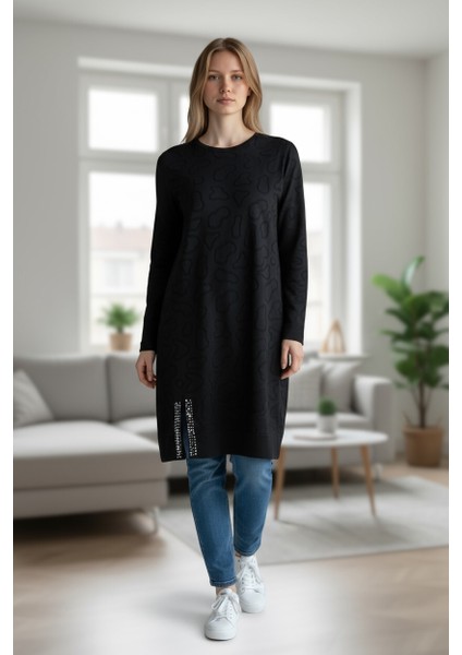 Kadın Önü Desenli Etek Yan Ucu Boncuklu Düşük Kol Tunik fiyatları