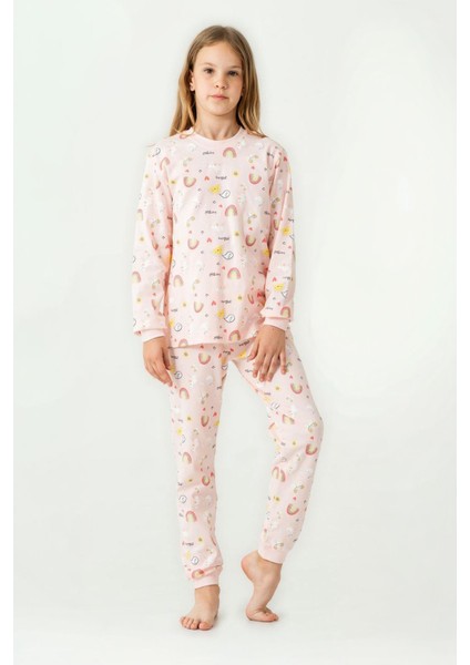 Gökkuşağı Baskılı Sıfır Yaka Pamuklu Kız Çocuk pijama takımı - Somon