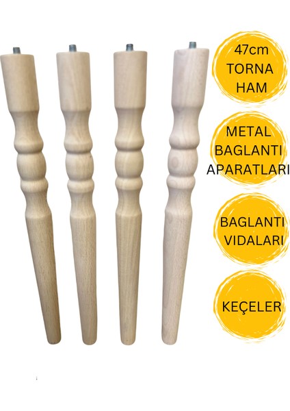47 cm Ham Torna Ahşap Sehpa Ayağı 4 Ayak | Mobilya Ayağı + Metal Bağlantı Aparatları
