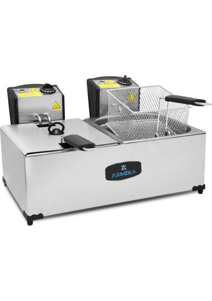 Çift Hazneli Elektrikli Fritöz 5,5 Litre Kapaklı Sanayi Tipi Gri