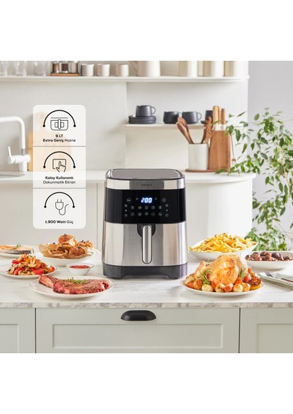 Geniş 9lt Airfryer, 10 Fonksiyonlu, Akıllı Dokunmatik Ekran, Xxxl Gövde, Sağlıklı Pişirme