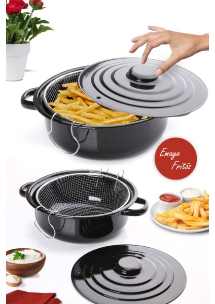 Yapışmaz Emaye Fritöz ve Sepetli Kızartma Tenceresi Siyah