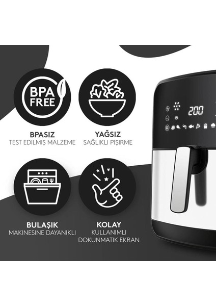 5.5lt Hacimli, 1700W, 12 Programlı Paslanmaz Çelik Fritöz Siyah indirimleri