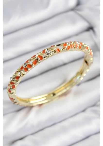 Mineli Pirinç Zirkon Taşlı Turuncu Çiçek Motifli Gold Kadın Kelepçe