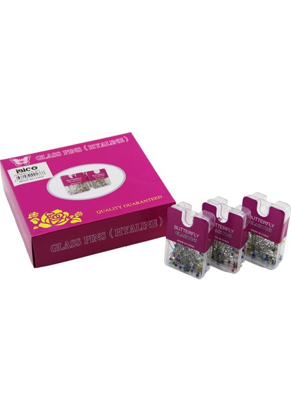 Glass Pıns Hyalıne Butterfly 1200 Adet Renkli Toplu Başörtü Iğnesi Şeffaf Plastik Askılıklı Kutulu (3791)