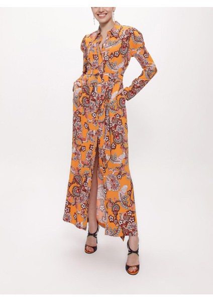 Turuncu Kolları Büzgülü Gömlek Elbise 94170
