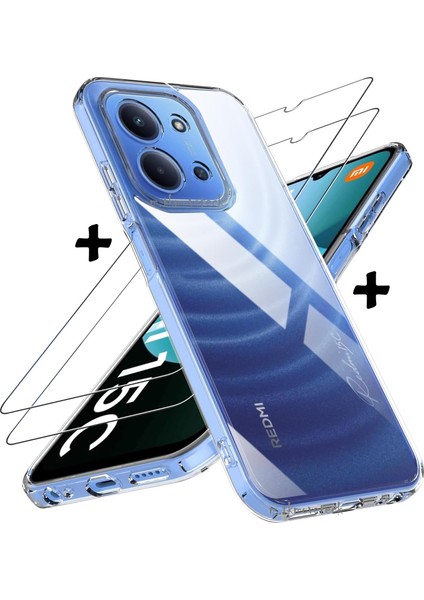 Xiaomi Redmi 15C Kılıf Kamera Çıkıntılı Korumalı Yumuşak Şeffaf Silikon + 9h Ekran Koruyucu Cam Set 2in1