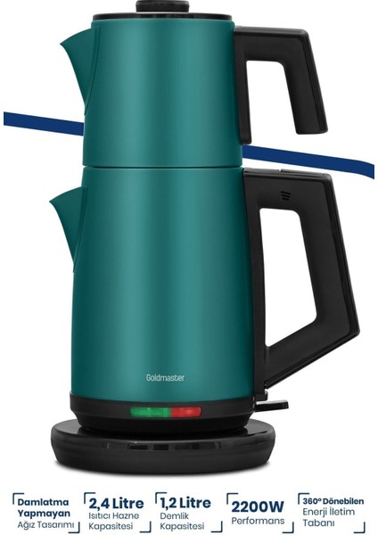 Yeşil Xl 2200W Damlatmayan Çelik Çay ve Su Isıtıcı