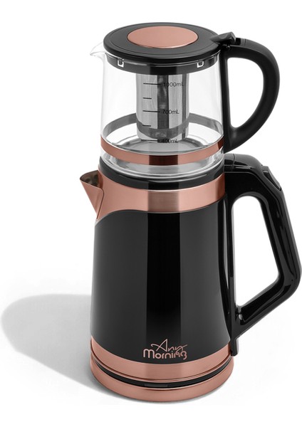 2l Cam Demlik ve Çelik Su Isıtıcıyla Modern Çay Makinesi Siyah