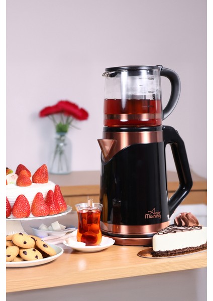 2l Cam Demlik ve Çelik Su Isıtıcıyla Modern Çay Makinesi Siyah indirimleri