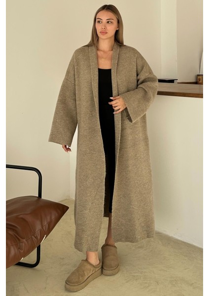 Oversize Kalın Triko Uzun Hırka Vizon 8274