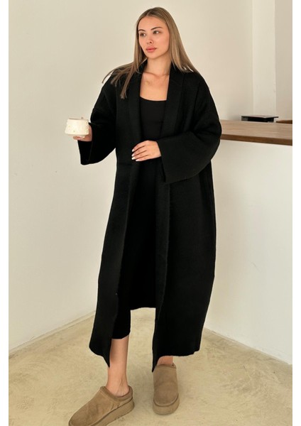 Oversize Kalın Triko Uzun Hırka Siyah 8274